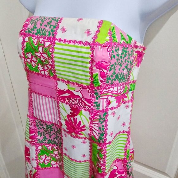 Lilly Pulitzer ✦ Strapless Patchwork Dress ✦ Pink Green Floral Stripe Cotton 2 - Picture 6 of 14